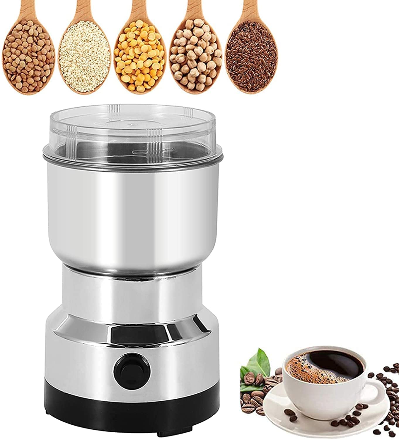 Stainless steel mill for herbs, spices, and coffee beans. Stainless steel mill for herbs, spices, and coffee beans.